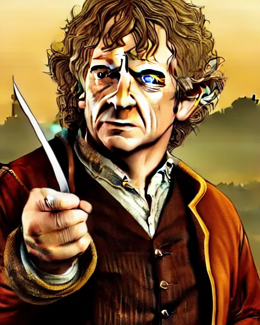 Prompt: Bilbo Baggins from Lord of the rings in GTA V loading screen, GTA V Cover art by Stephen Bliss, boxart, loading screen,