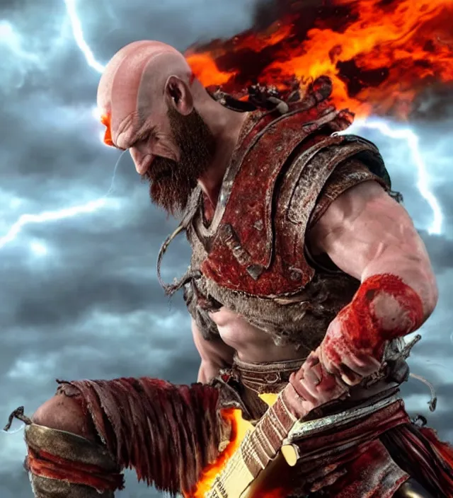 Image similar to kratos shredding on a flaming stratocaster guitar, cinematic render, god of war 2 0 1 8, santa monica studio official media, lightning, stripe over eye