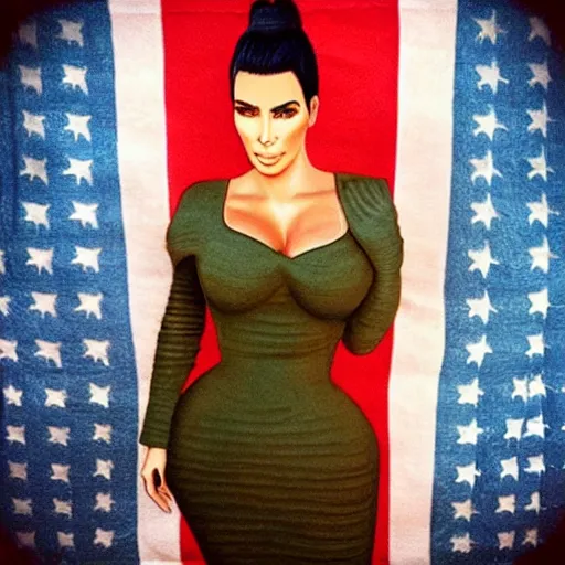 Image similar to full shot of kim kardashian dressed in military, backround: Irish flag, ambient lighting, full body shot, full-shot, highly detailed, trending on Instagram,