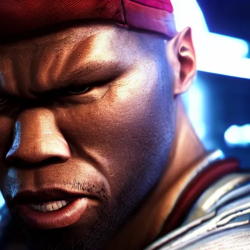 Image similar to a videogame still of 50 Cent in Tekken 7, portrait, 40mm lens, shallow depth of field, close up, split lighting, cinematic