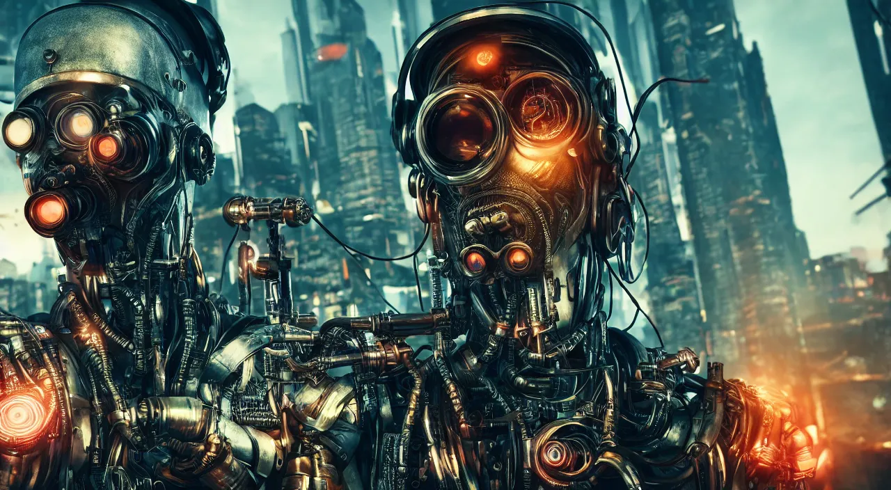 Image similar to Fish eye lens way too close to the cyborg man's face, cyberpunk background with steampunk vehicles. Cinematic, Award winning, ultra high resolution, intricate details, rendered with unreal engine, UHD 8K