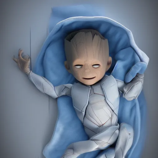 Image similar to Baby Groot is fast asleep and snuggled up in bed, cuddling a blue blanket, hyperdetailed, artstation, cgsociety, 8k