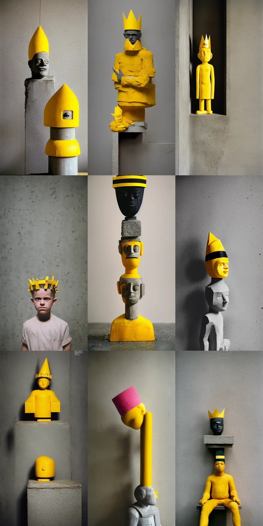 Image similar to kodak portra 4 0 0, 8 k, shot of a highly detailed, britt marling style, colour still - life portrait of a large minimalistic room, rough concrete walls, the wooden statue of a yellow black striped little man with pink crown on his head