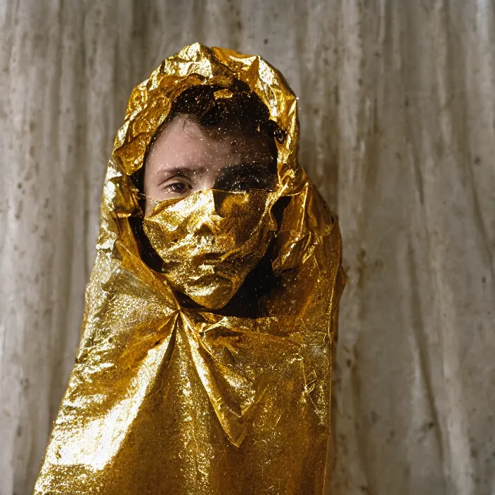 Image similar to closeup portrait of a woman wrapped in gold cellophane, standing in a derelict greenhouse, color photograph, by caravaggio, canon eos c 3 0 0, ƒ 1. 8, 3 5 mm, 8 k, medium - format print