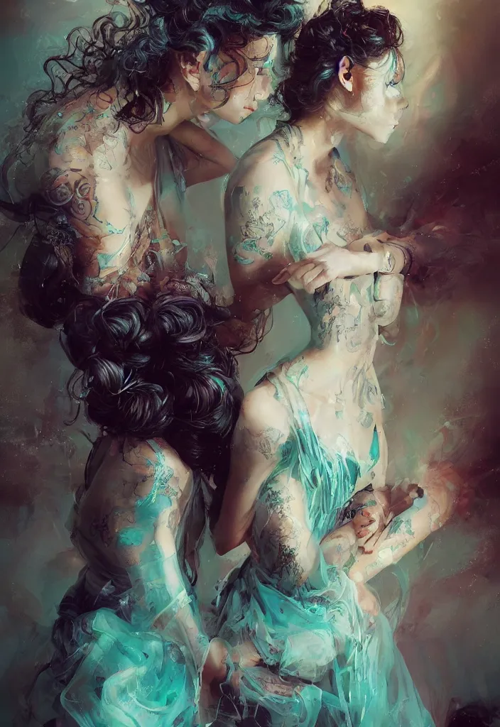 Image similar to full body portrait of a duo of 1 9 years old girl figures, curly messy high bun hairstyle, oriental tattoos, jewelry, subject wearing a high fashion gown, flowing, beautiful, dramatic, cinematic lighting, highly detailed, few vivid turquoise highlights, by ross tran and jeremy mann, artstation, pixiv, oil on canvas