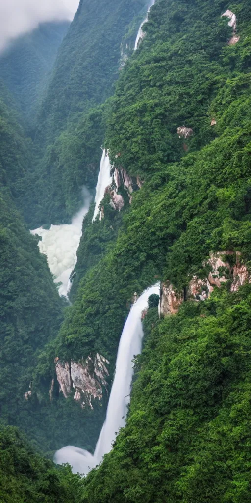 Image similar to a Cloudy peak in southern China with one waterfall, the style of National Geographic magazine