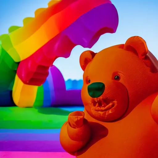 Prompt: high quality photo of a giant gummi bear made in rainbow colors in front of a white background