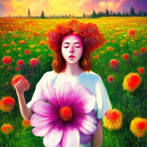 Prompt: girl with a gargantuan flower as a face, surreal photography, dream, standing in flower field, hills, big trees, sunrise dramatic light, impressionist painting, colorful clouds, digital painting, pointillism, artstation, simon stalenhag, flower face