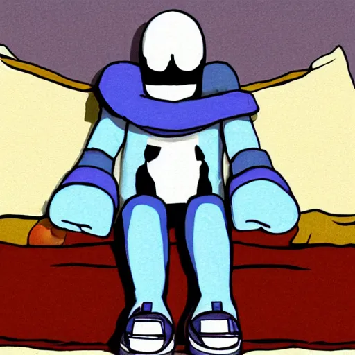 Image similar to Sans Undertale sitting on the edge of the bed, depressed