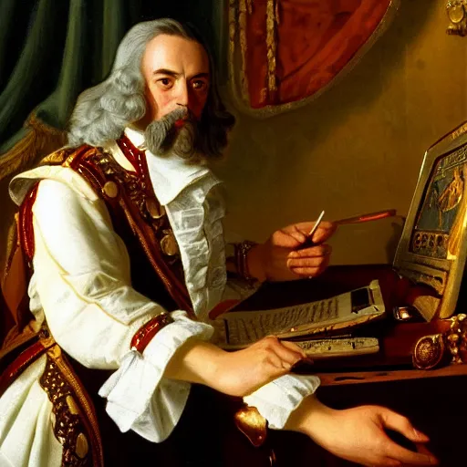 Prompt: russian tsar Peter The Great in tricorne hat and camisole, clean-shaven 18th century installs operating system on desktop computer oil painting, detailed, artfully traced, 4k resolution, cinematic, dramatic