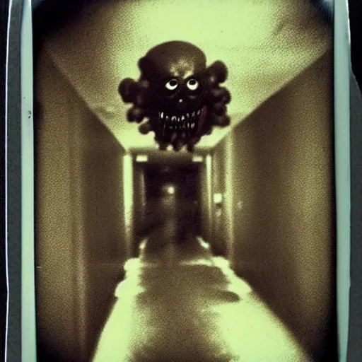 Image similar to a terrifying fungus monster at the end of a hallway, dark!, creepy, nightmare fuel!!!, horror, horrifying, unsettling, uncanny valley!, old polaroid, expired film,