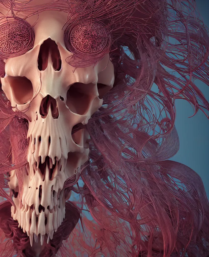 Image similar to symmetry!! goddess close - up portrait human skeleton, ram skull, squid phoenix jellyfish, orchid, betta fish, bioluminiscent, intricate artwork by tooth wu and wlop and beeple. octane render, trending on artstation, greg rutkowski very coherent symmetrical artwork. cinematic, hyper realism, high detail, octane render, 8 k