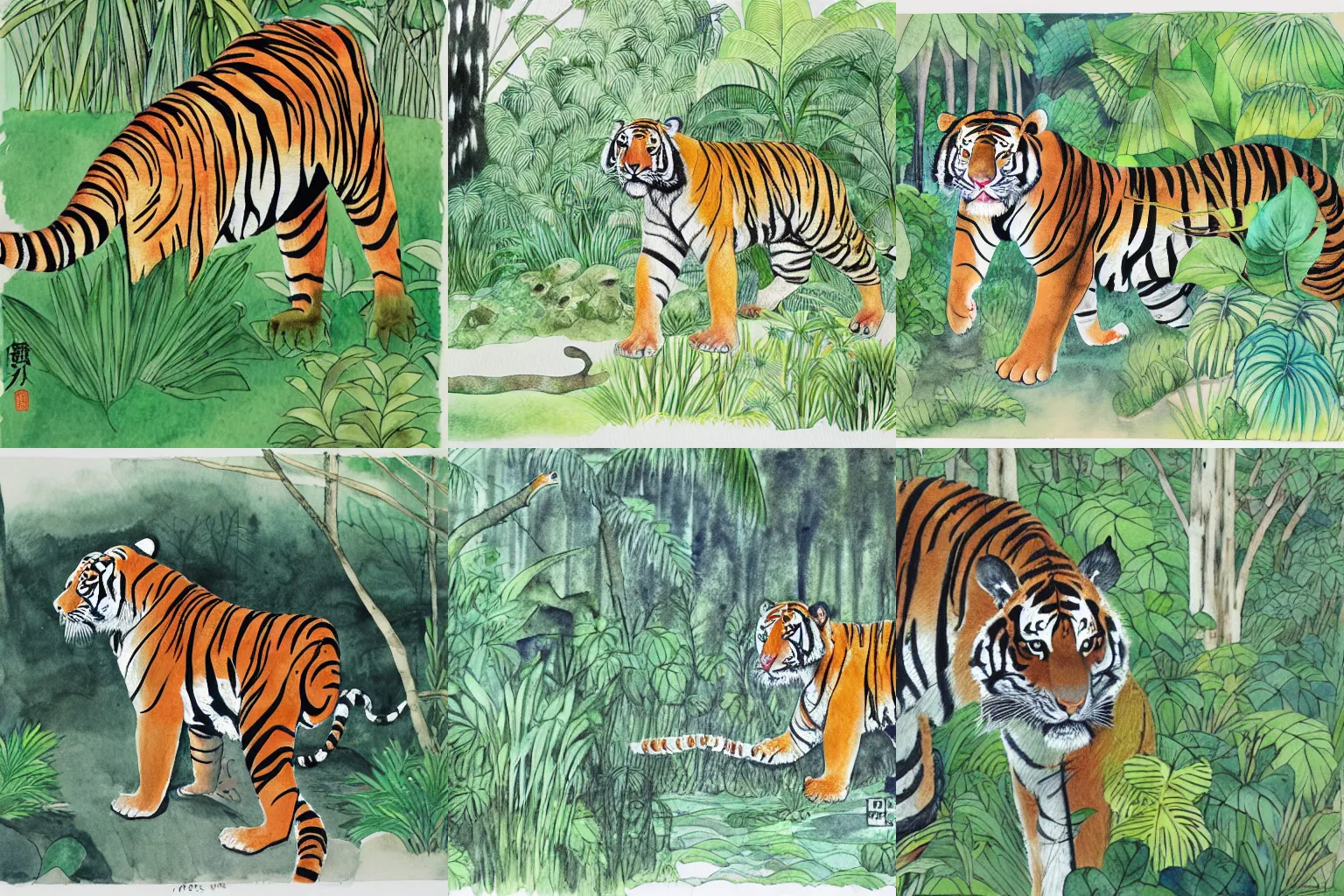Prompt: a lush jungle with a clearing and a spring, a tiger is walking to the spring, japanese watercolor and ink drawing, award winning