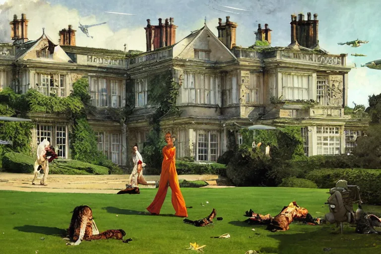 Prompt: pulp scifi illustration, woman on expansive lawn of distant english stately home, by norman rockwell, morgan weistling, john berkey, earle bergey, craig mullins, ruan jia, chris foss, jeremy mann, tom lovell, tyler edlin, wadim kashin