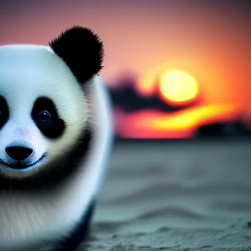 Prompt: a closeup photorealistic photograph of a stylish panda themed Pomeranian puppy dog wearing cat-eye sunglasses at the beach during sunset. Ocean in the background. This 4K HD image is Trending on Artstation, featured on Behance, well-rendered, extra crisp, features intricate detail and the style of Unreal Engine.