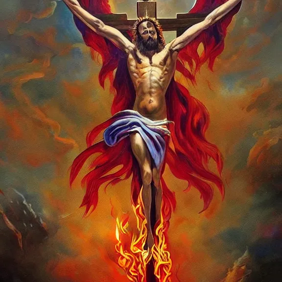 Prompt: flaming Jesus on the cross , fantasy artwork, award winning, very very very very very very very very very beautiful, vibrant painting, trending on artstation.