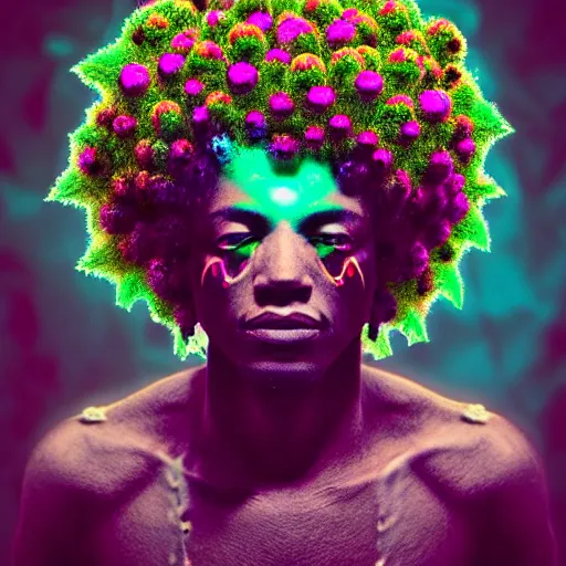 Image similar to an african marijuanna shaman with an afro made of flowers, third eye art art by machina infinitum, complexity from simplicity, rendered in octane, mandelbulb 3 d, ambient occlusion, macro photography, felt!!! texture, tribal, neon! retrowave