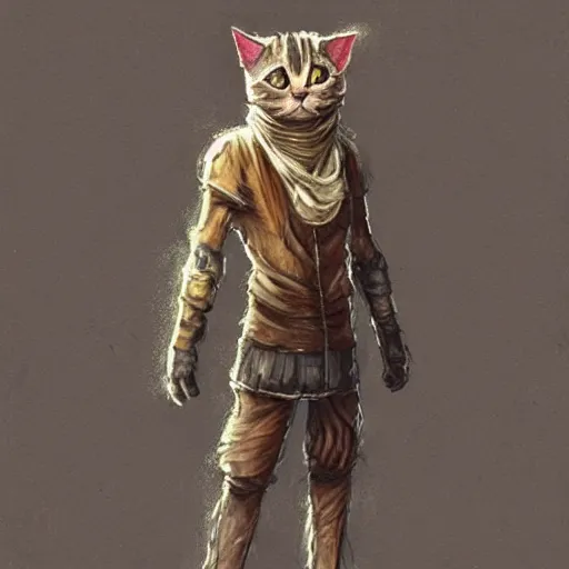 Image similar to humanoid homeless cat, concept art, d & d, fantasy