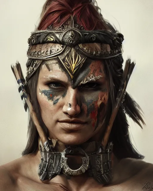 Image similar to Barbarian warrior, strong, portrait, intricate tattoos, war paint, detailed, volumetric lighting, scenery, digital painting, highly detailed, artstation, sharp focus, illustration, concept art, ruan jia, steve mccurry