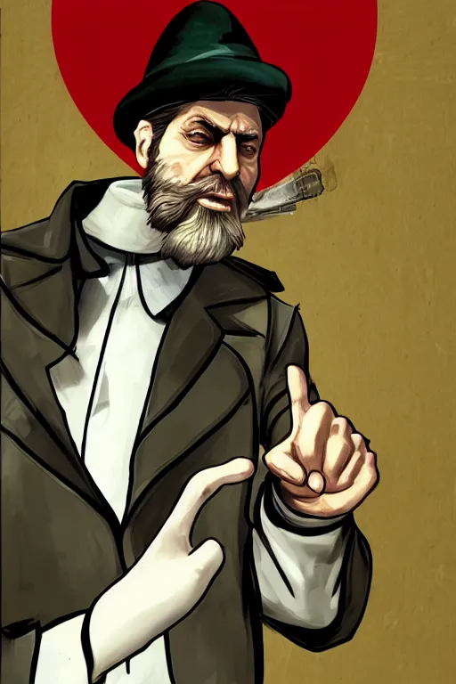 Prompt: angry ali khamenei, with pointing finger, delete unused layer, parallel content, hyperrealistic anatomy body content, violet polsangi pop art, gta chinatown wars art style, extreme quality masterpiece, bioshock infinite art style, incrinate, 2 color, white frame, content balance proportion