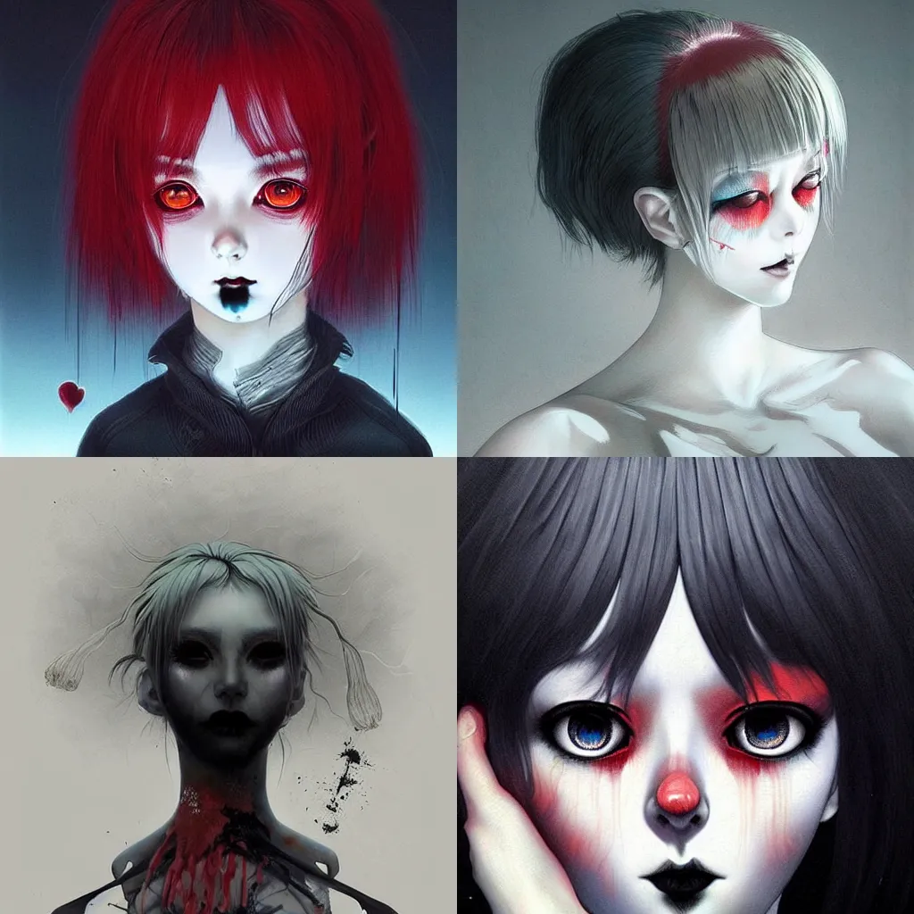Prompt: beautiful! coherent!!! detailed! expert! professional manga seinen concept art portrait art of a goth clowngirl, dreamy eyes, painted by ilya kuvshinov!!!!! and zdzislaw beksinski # wow