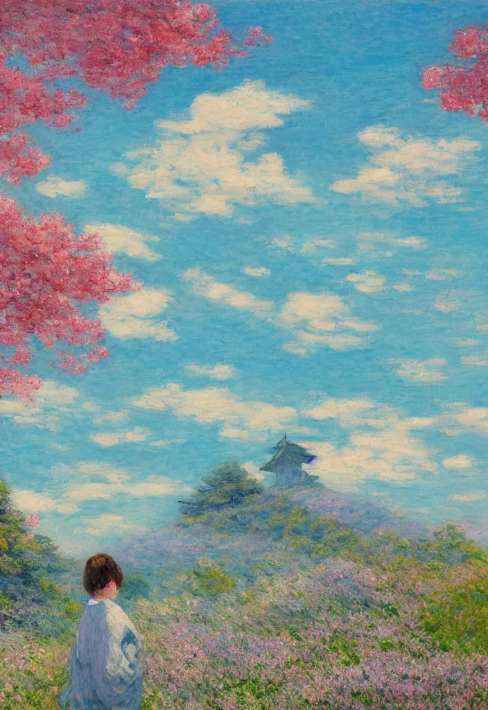 Image similar to tiny character in front of a beautiful japanese country side landscape, ryokans in the background, blue sky, magnificient clouds, lofi vibe, vivide colors, amazing light, really beautiful nature, oil painting, impressionist style, by jeremy lipkin, by claude monet, by ghibli, kandinsky touches, multiple brush strokes, masterpiece