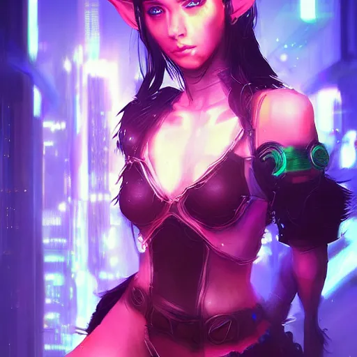 Image similar to portrait of an elf in a cyberpunk style, neon lights, digital art, artstation cgsociety masterpiece