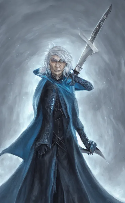 Prompt: an older woman with silver hair and piercing blue eyes. she's wearing a dark, hooded cloak and looks like she knows her way around a sword, dynamic lighting, photorealistic fantasy concept art, trending on art station, stunning visuals, creative, cinematic, ultra detailed