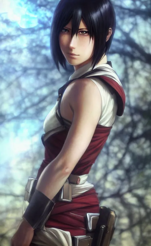 Image similar to mikasa ackerman, hero pose, medium shot, bokeh, beautiful face!!!!, 2 7 years old, cg animation, lifelike, animated, realistic, character select portrait, by artgerm, greg rutkowski, alphonse mucha, 3 d