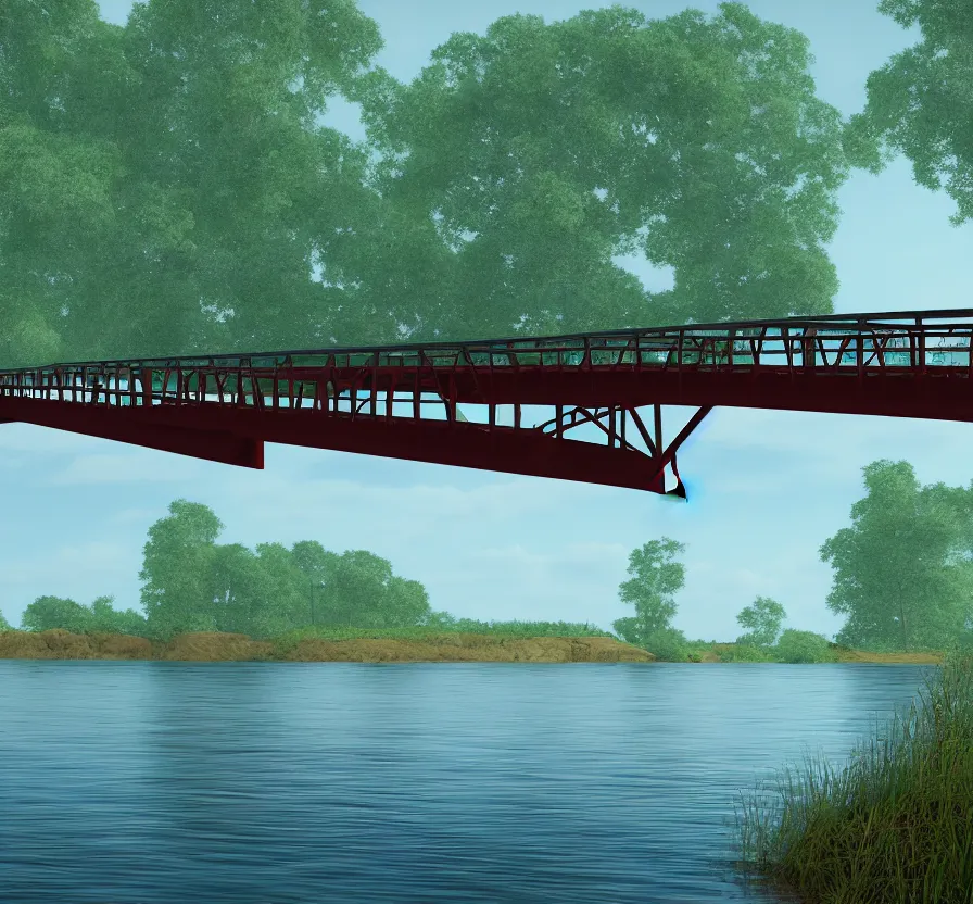 Prompt: long wood bridge to island, unreal engine, digital, acrilic paint