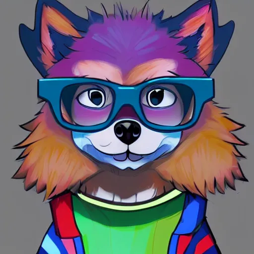 Prompt: Cute art of a colorful anthro furry wolf character wearing glasses looking at viewer, profile picture, trending on ArtStation