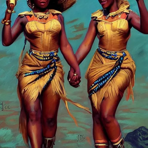 Prompt: : Zulu goddesses holding hands, fanart + digital art + art by J.C. LEYENDECKER + 4K UHD IMAGE + STUNNING QUALITY