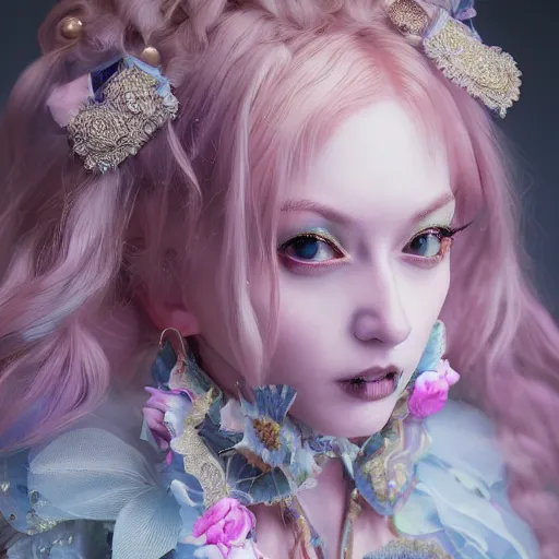 Prompt: Ethereal, mysterious stunning maximalist mesmerizing girl from the rainbow sky paradise, high-tech, professional high fashion model photo shoot for Victorian gothic lolita fashion, hyperdetailed by Mark Ryden and artgerm and Hiroyuki-Mitsume Takahashi, close-up 35mm macro shot, hyperrealism, 8k resolution 3D, cinematic, dynamic lighting, octane render, unreal engine 5