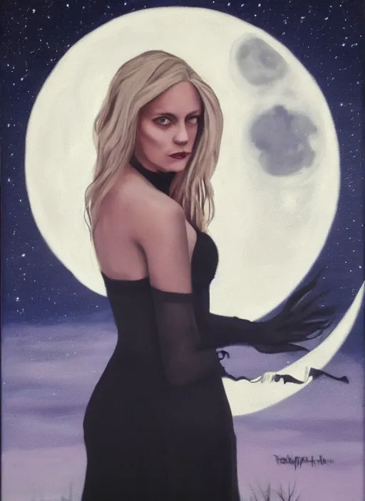 Prompt: portrait of beautiful blonde woman as a Dark evil witch, big moon in the background, oil painting by god