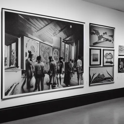 Image similar to A black and white screen print of gallery exhibition view from the 60s with colonial artifacts on display, anthropology, colonial, wild, exotic, artifacts, pedestal, ethnography, screen printing