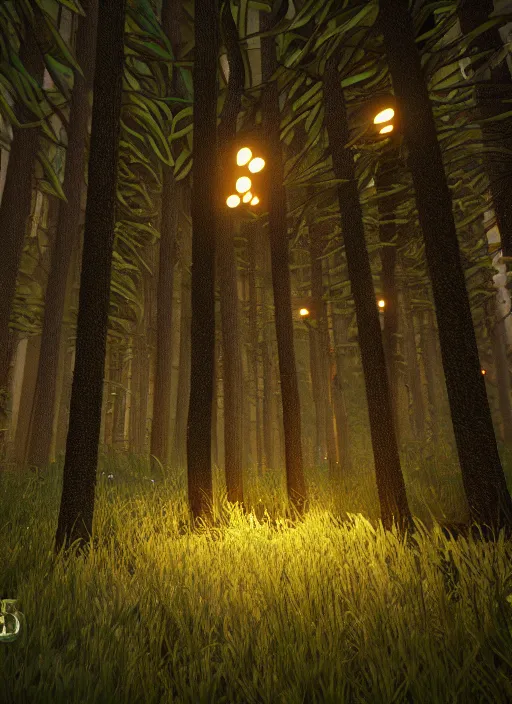 Prompt: strange lights in dark forest ; unreal engine ; wide angle ; highly detailed