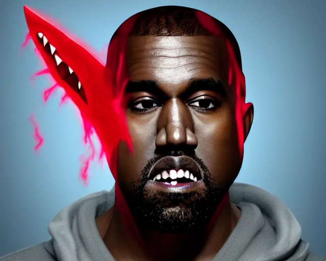 Image similar to Kanye West As A Vampire With Shark Teeth, Red Fluid Dripping From His Mouth, Full Figure, 8K, octane render, HDR, photorealistic, volumetric lighting, Hyperrealistic-H 960