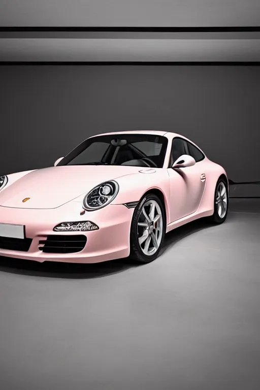 Image similar to Portrait of a light pink Porsche 911 Carrera 3.2, studio lighting, dimly lit, backlit, photoshoot for vogue magazine, highly detailed.