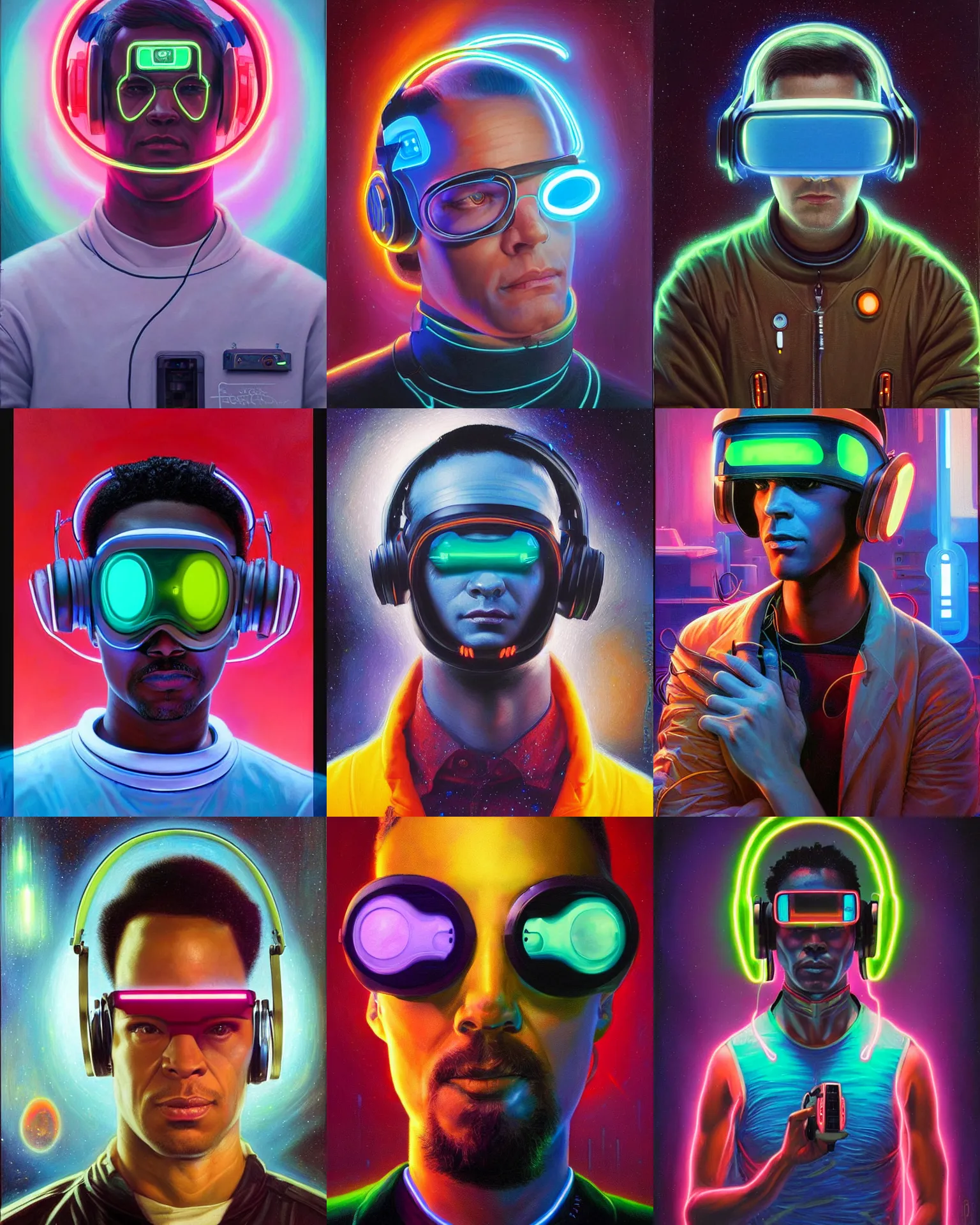 Prompt: neon cyberpunk artist with glowing geordi cyclops visor over eyes and sleek headphones headshot desaturated portrait painting by donato giancola, dean cornwall, rhads, tom whalen, alex grey astronaut fashion photography