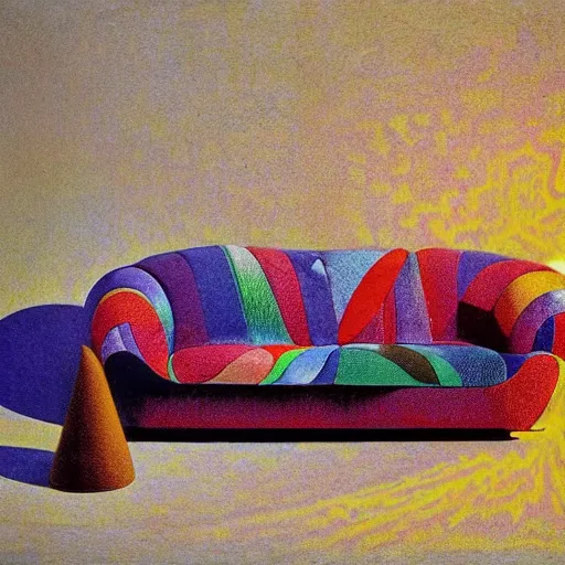 Image similar to psychedelic couch sofa costa blanca, designed by arnold bocklin, jules bastien - lepage, tarsila do amaral, wayne barlowe and gustave baumann, cheval michael, trending on artstation, mediterranean, star, sharp focus, colorful refracted sparkles and lines, soft light, 8 k 4 k