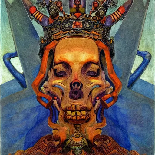 Prompt: the crown of madness and bones, by Annie Swynnerton and Nicholas Roerich and Diego Rivera, bioluminescent skin, elaborate costume, geometric ornament, symbolist, cool colors, smooth, sharp focus, extremely detailed