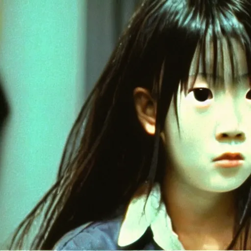 Image similar to a japanese horror movie from the 90's featuring a scary female ghost