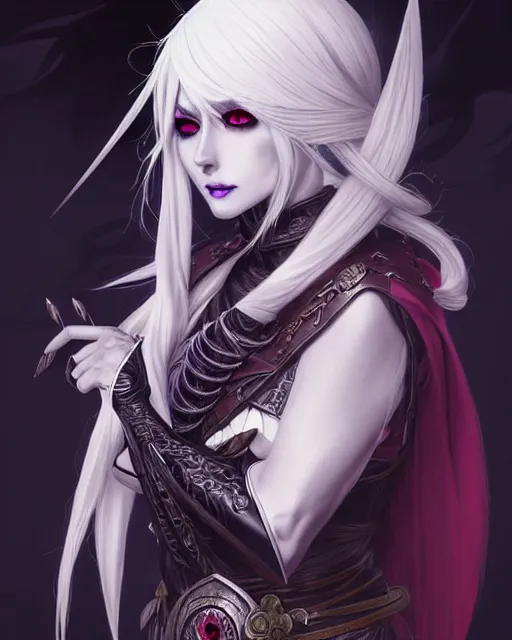 Image similar to portrait of an anime female drow necromancer, hd, illustration, epic, d & d, fantasy, intricate, elegant, highly detailed, digital painting, artstation, concept art, smooth, sharp focus, illustration, art by artgerm and greg rutkowski and alphonse mucha, monster hunter illustrations art book