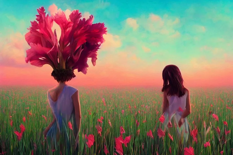 Image similar to giant gladiola head, girl walking in field of flowers, surreal photography, sunrise, blue sky, dramatic light, impressionist painting, digital painting, artstation, simon stalenhag