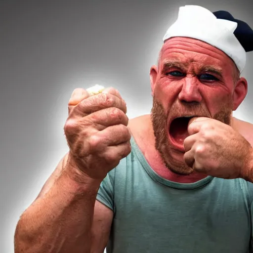 Image similar to a real life popeye the sailor crushing a can of spinach