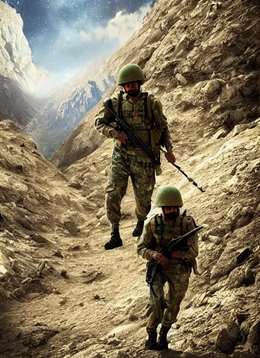 Prompt: two Pakistani soldiers hiking in Afghanistan hills, digital art, galaxy sky, dramatic light, oscar winning movie poster, realistic, render, photorealistic intricate