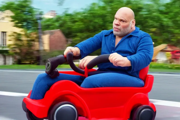 Image similar to vincent d'onofrio as kingpin driving a little tikes cozy coupe, movie still, from the new daredevil movie, 8 k, realistic