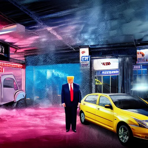 Image similar to donald trump and joe biden fighting inside of a car wash with neon lighting, 4k realistic photo