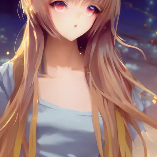 Image similar to a very beautiful anime girl, full body, two meter long golden hair, sky blue eyes, full round face, short smile, short jeans, cute top, metal concert setting, cinematic lighting, medium shot, mid-shot, highly detailed, trending on Artstation, Unreal Engine 4k, cinematic wallpaper by Stanley Artgerm Lau, WLOP, Rossdraws, James Jean, Andrei Riabovitchev, Marc Simonetti, and Sakimichan