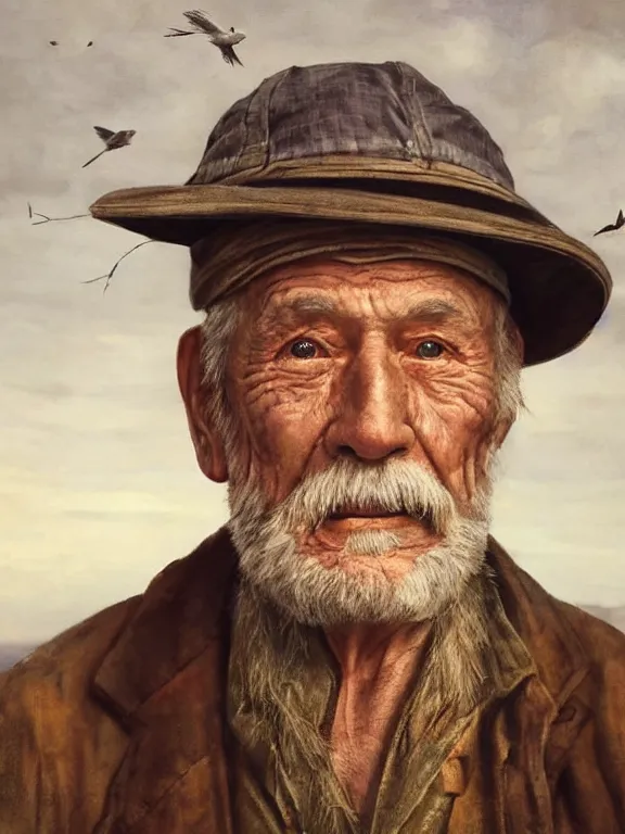 Image similar to realistic renderings portrait of very old fisher man portrait with a hat, wearing a fisher 🧥, ( ( ( a bird in the sky ) ) ) port scene background, astonishing scenes, detailed, photorealism, volumetric lighting, autumn lights colors, ultra detailed